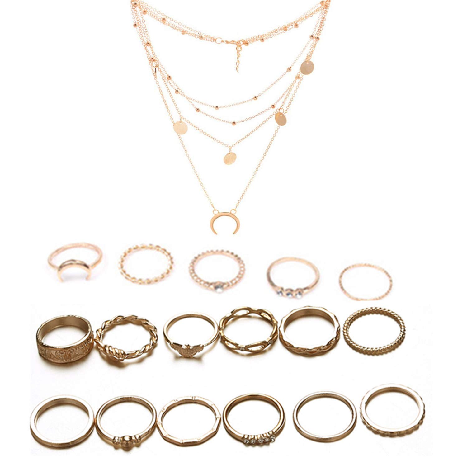 PPX 17 Piece Vintage Golden Midi Rings Finger Ring Set and Multilayer Necklace Jewellery for Women Girls Fashion Women Midi Ring Nail Finger Band with Storage Box