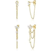 FANZE 14K Gold Plated Chain Earrings Set for women Cubic Zircon Stud Earring Hypoallergenic for Multiple Piercing Dainty Jewelry Gift