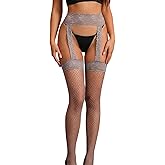 FRENZCOY Fishnet Stockings for Women Sexy Lace Fishnet Thigh High Stockings,Antiskid Garter Belt and Thigh Highs Set