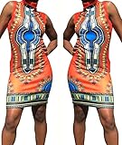 shekiss Women Traditional African Print Dashiki Bodycon sleeveless High Collar Dress, Orange, Large