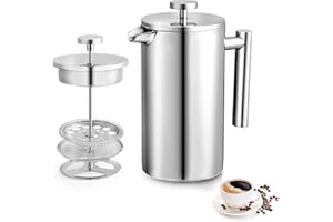 Miuly French Press 34oz, Double Insulated 304 Stainless Steel Coffee Press,Stainless Steel French Press with 5 Extra Fliters and 3 Additional Coffee Set(34oz, Sliver)