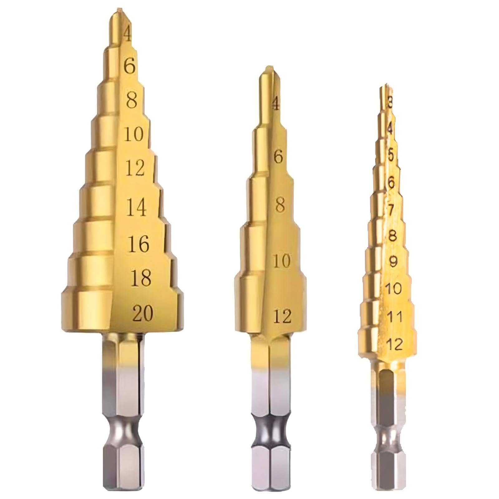 3PCS Step Drill Bit Set – Titanium Coated HSS Multi-Step Bits (3–20mm) for Wood, Aluminum, Plastic – 6.35mm Hex Shank for Power Tools