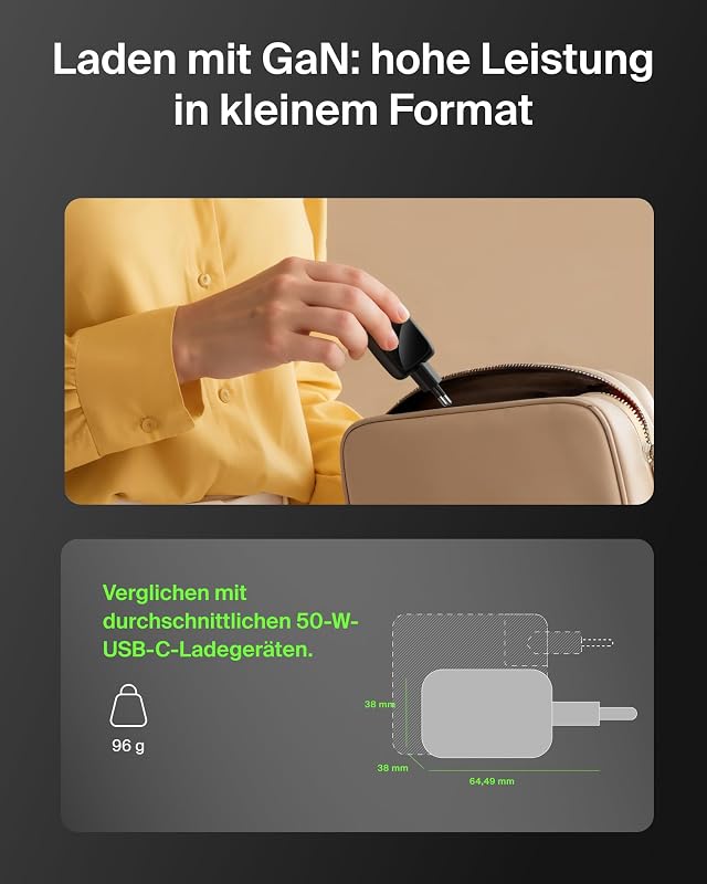 USB Ladegerät 2 Port, 50W, GaN Ladegerät mit 2 USB-C-Anschlüssen, Schnellladen für USB C Geräte wie MacBook, iPhone 17, iPad Pro, Chromebook, Galaxy S25 Ultra, Pixel 10 – Reisezubehör – Schwarz