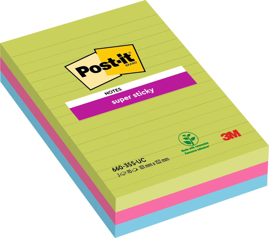 Post-it Super Sticky Large Notes, Lined, 270 Sheets, Pack of 3 Pads, 101 mm x 152 mm - Holds Strong to Many Surfaces - Assorted Colours - for Walls, Monitors and Fridge, Recycable