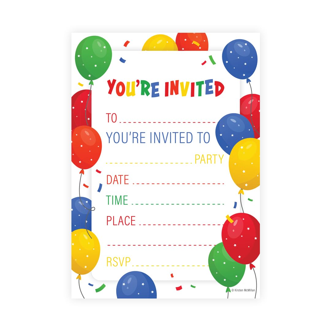 Kirsten McMillan 32 Red Birthday Party Invitations for Kids with Envelopes - Pack of 32 Balloon Party Invites for Girls & Boys - Designed and Printed in the UK