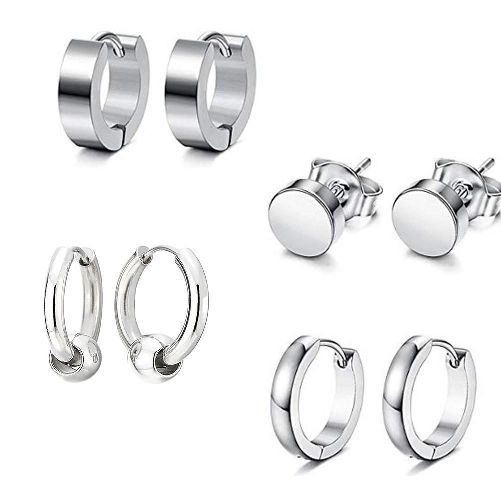 Men Women Stainless Steel Earring Stud Set Round Hoop Huggie Earring Stud Earring Tunnel Piercings (Pack of 4) (Silver)