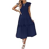 ZESICA Women's Casual Crew Neck Flutter Sleeve Smocked High Waist Hollow Out Lace Trim Tiered A Line Midi Dress