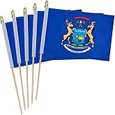 5 Pack Michigan State Small Mini Wood Hand Held Stick Flag,Suitable For Various Holiday Parties,World Cup,State Decoration School Office Home Decoration.