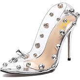 FSJ Women Studded Pointed Toe Transparent Pumps High Heels Shoes with Cute Bowknot US Size 4-15 M