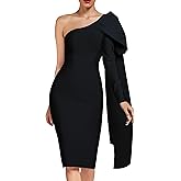 UONBOX Women's One Shoulder Bowknot Long Sleeve Bodycon Knee Length Club Party Bandage Dress
