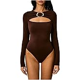Milumia Women's Long Sleeve Bodysuit Elegant Metal Cut Out Backless Leotard Tops