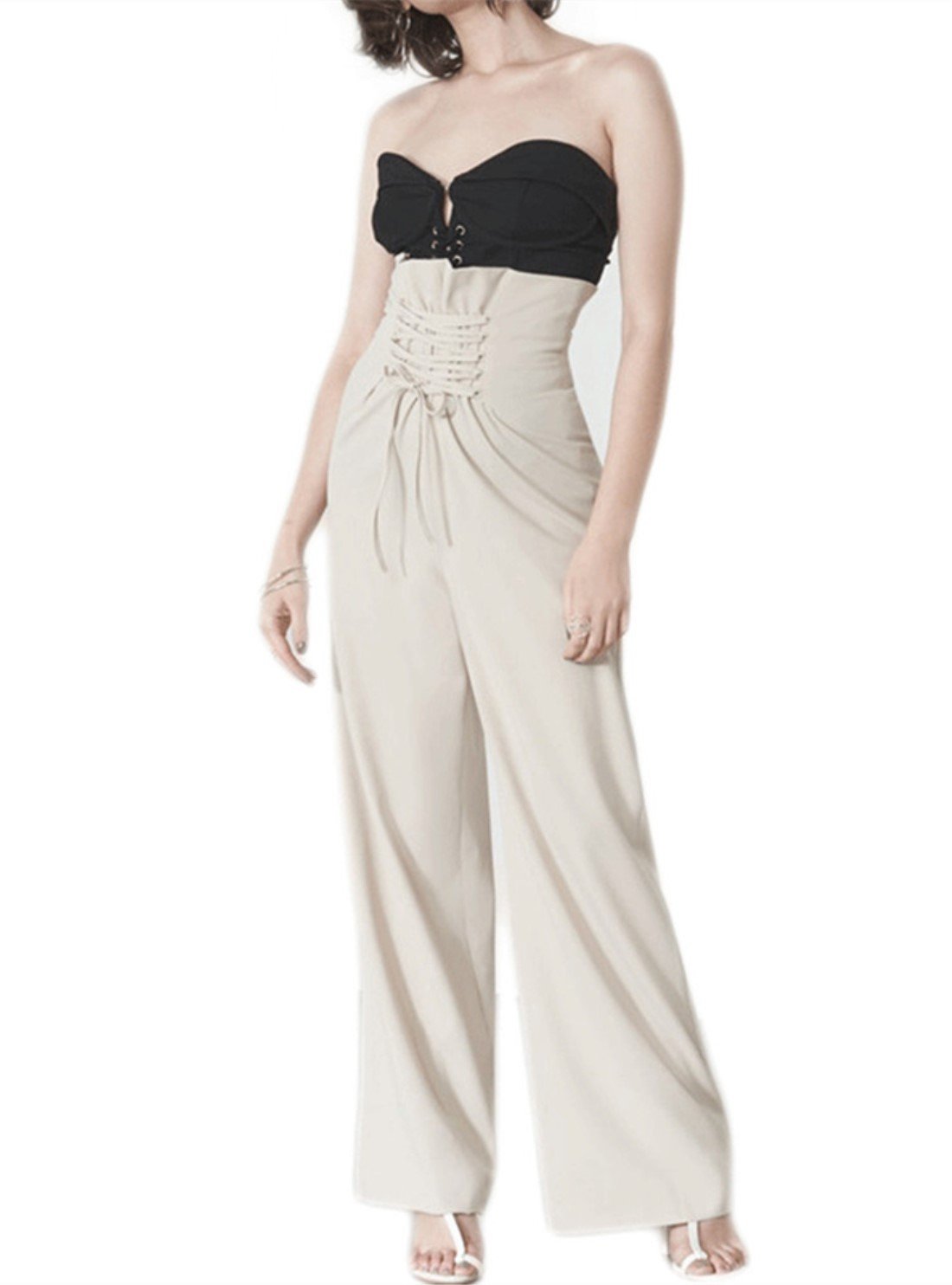 Womens Palazzo High Waist Stretch Pants OL Lace Up Corset Wide Leg Trousers Slim Fit (M, Beige)