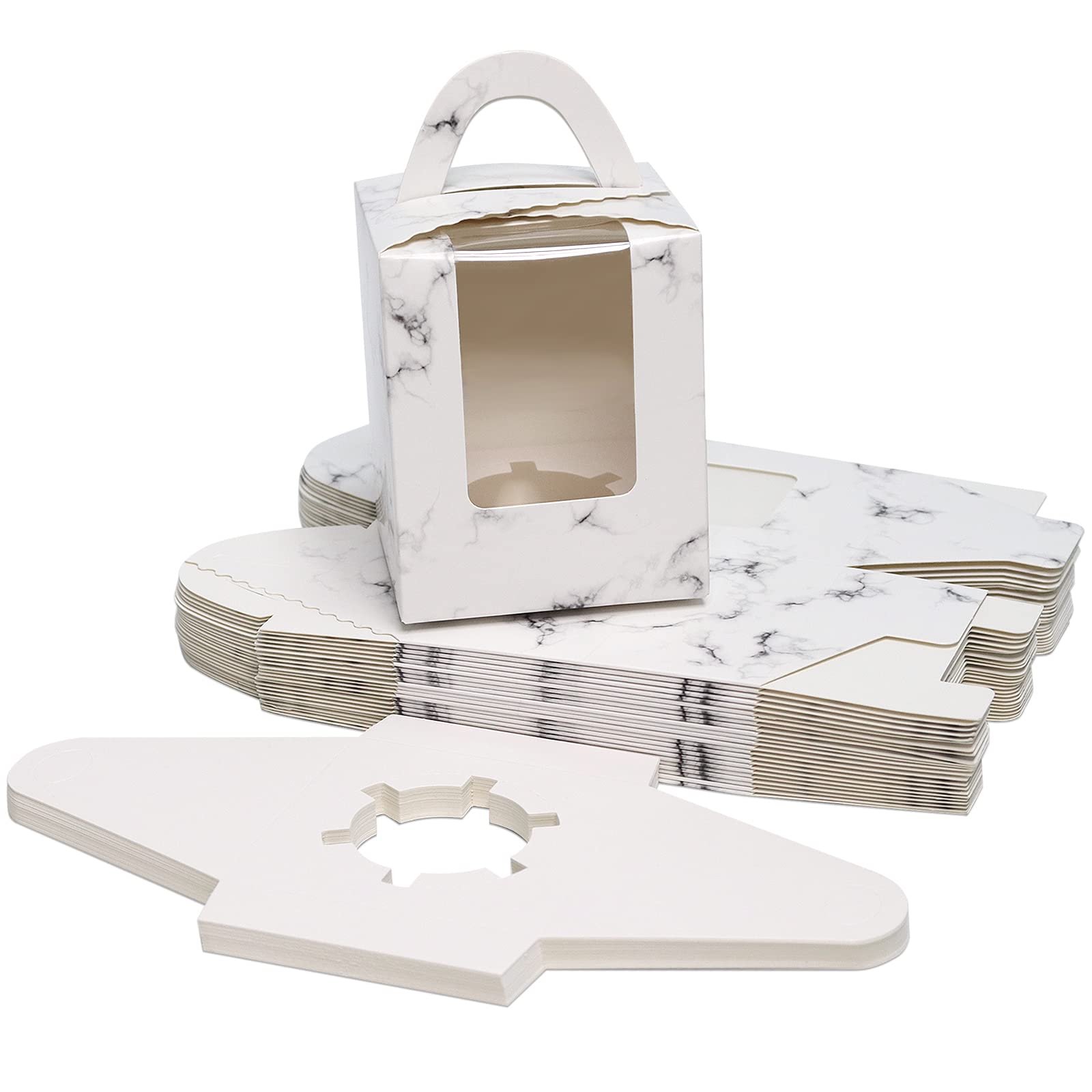 Goalfly 24 Pieces Individual Cupcake Boxes, Cake Boxes with Window, Cupcake Carrier with Inserts, Imitation Marble Bakery Boxes with Handle, for Bridal Showers, Weddings, Birthday Parties