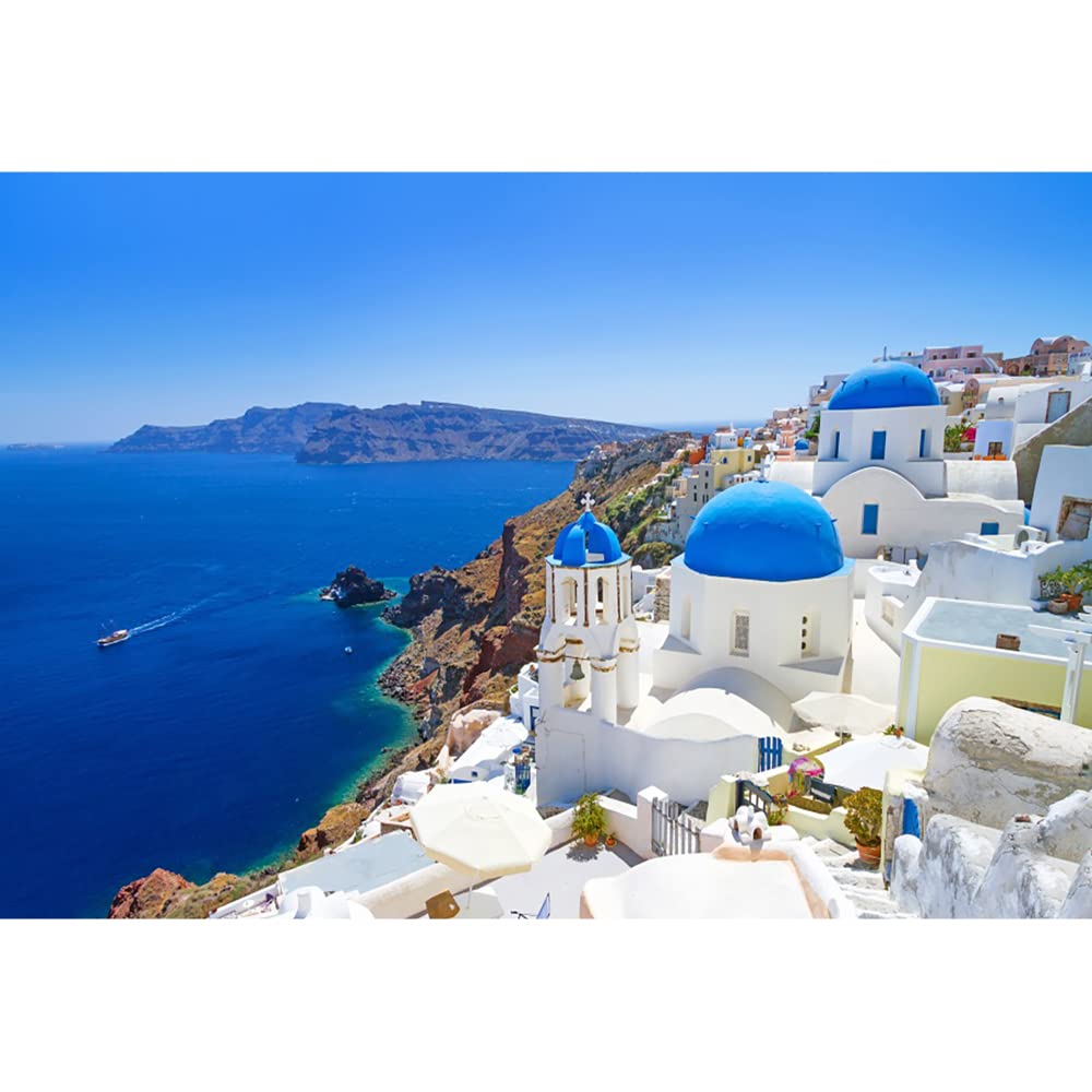 Aoihrraan 3,5x2,5m Greece Island Backdrop Santorini Oia Village White Architecture Aegean Seascape Nature Landscape Photography Background Wedding Shower Lover Travel Adult Portrait Photo Studio Props