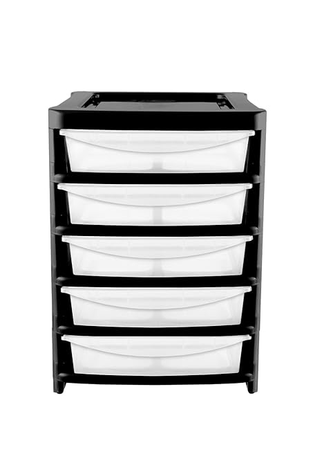 5 Drawer Large Tower Plastic Tall Shallow Storage Paper Tidy Unit