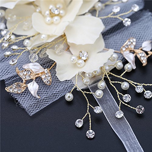 Bridal Headpiece, FANGZHIDI Wedding Hair Accessories, Floral Leaf Vine Pearl Rhinestone Jewelry Crown with 2 Ribbons, Best Gift for Girl-friend Women, Suit for Performance,Party, Photograph (Gold) - Thumbnail 4