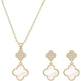 COBI Four Leaf Clover Necklace and Stud Earrings Jewelry Set White Black Green, 18k Gold Plated Clover Earrings Pendant Necklace, Clover Jewelry Set Gifts for Women