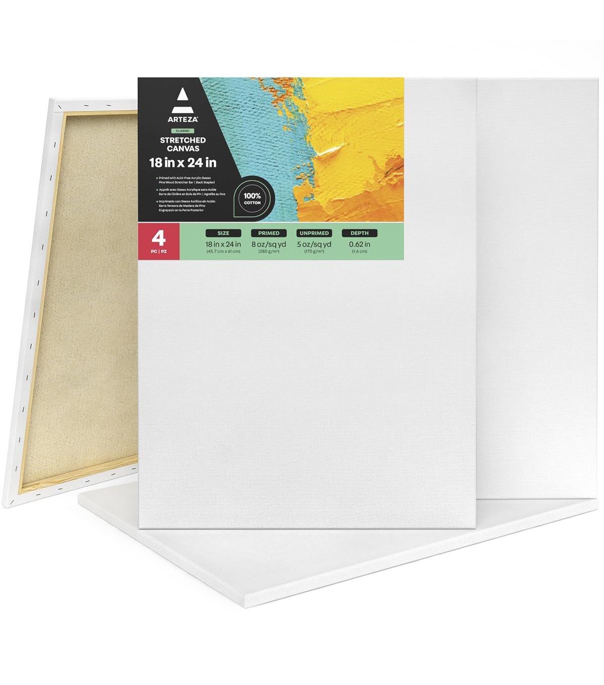 ARTEZA Stretched Canvas, 18 x 24 Inches, Pack of 4, Blank White Large Canvas for Painting for Acrylic, Oil and Gouache Paints Image