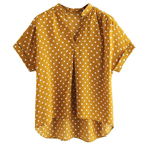 Londony â¤ Women's Button Down V Neck Polka Dot Shirts Loose Fitting Bat Short Sleeve Henley Shirts Front Tie Tops (Yellow_B, M)