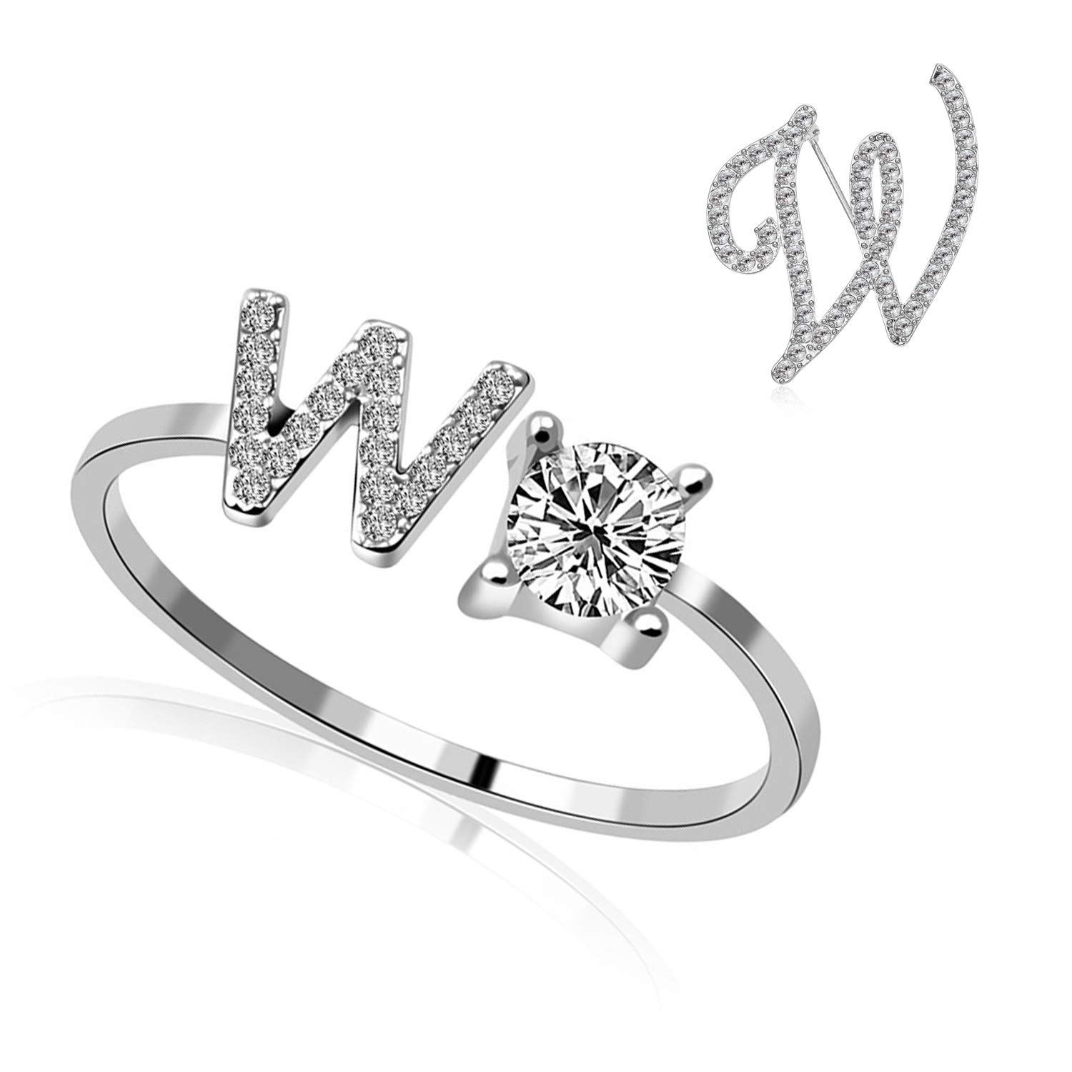 RINHOO Initial Knuckle Rings and Brooch Pin Silver Crystal 26 A-Z Letter Alphabet Adjustable Ring for Women Girl Jewelry, Crystal