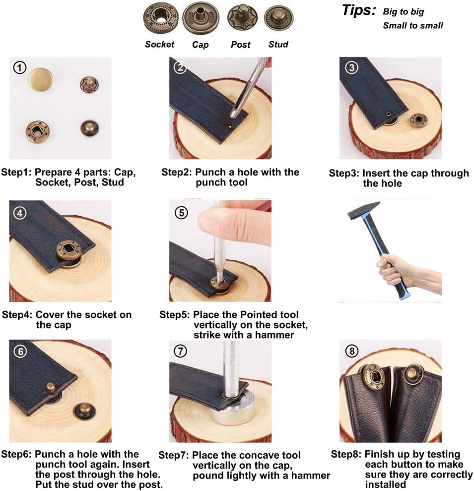 132 Sets Leather Snap Fasteners Kit, MSDADA 12.5 mm Metal Snaps Buttons Press Studs Tool with 4PCS Fixing Tools, Sewing Snaps for Clothes Leather Craft Bracelets Jeans Wears Jackets Bags Belt