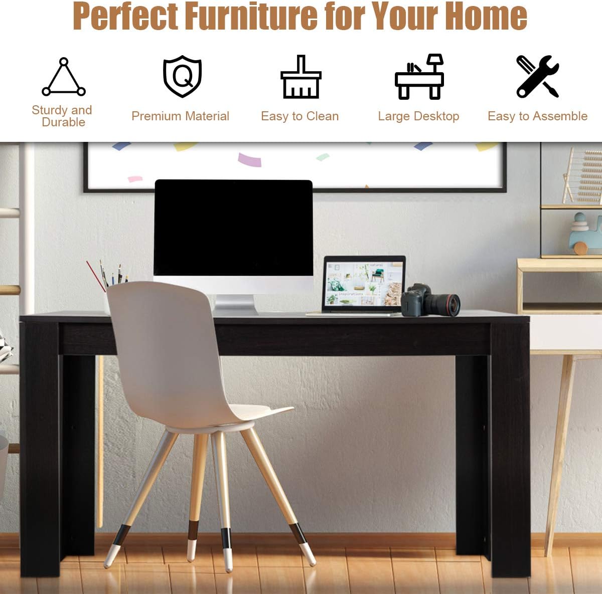 Giantex Wood Dining Table Rectangular Kitchen Table Modern Home Furniture 63" Lx31.5 Wx30 H (Black) - Tables