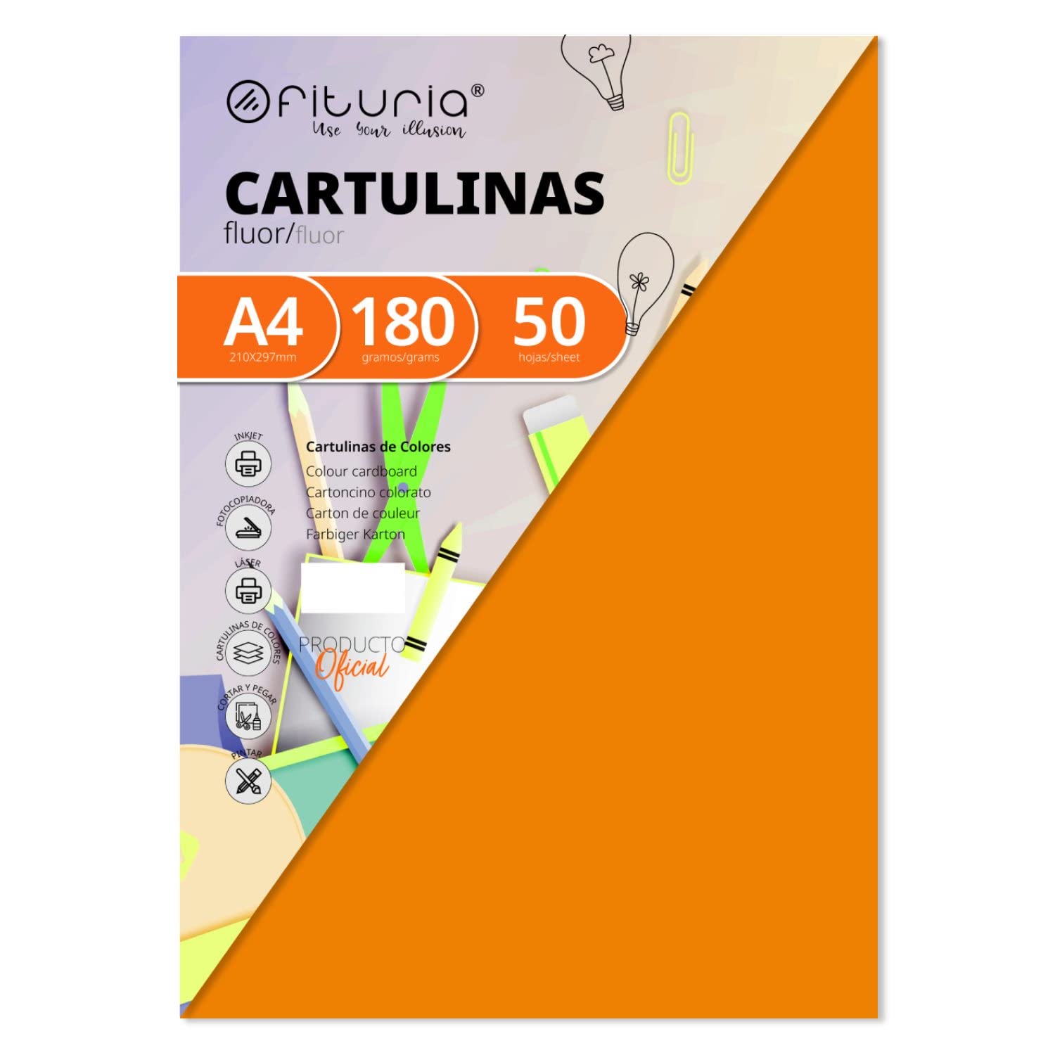 Pack of 50 Fluorescent Orange Card Size A4 180 g