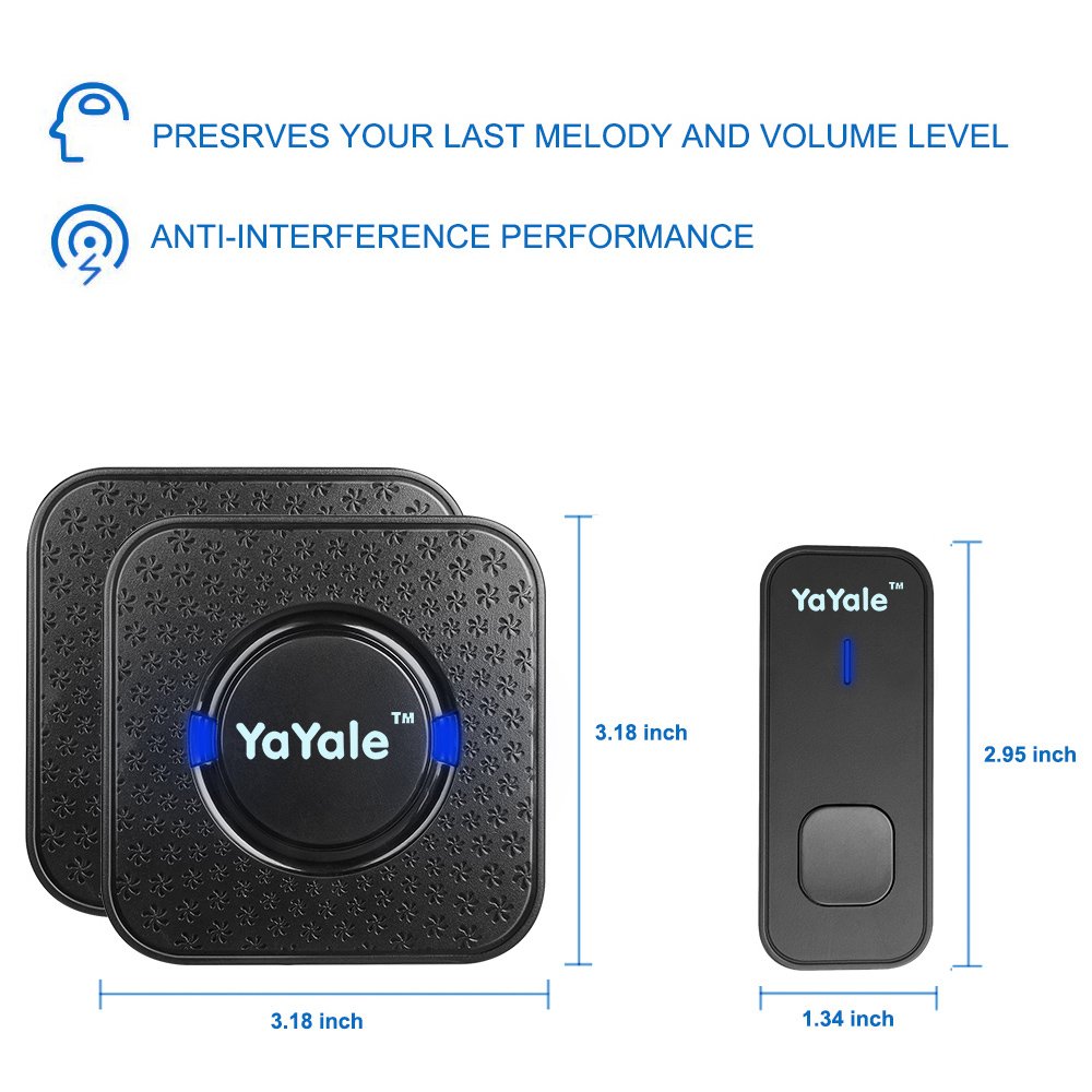 Wireless Doorbell,Waterproof Chime Kit Operating at 1000ft with 1 Push Button Transmitter（Battery included）and 2 plug-in Receivers,55 Chimes,45 Level Volume LED Indicator -Black