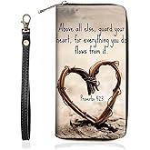 BWOOLL Women's Quote Bible Verse Proverbs 4:23 PU Leather Zipper Wallet, Large Capacity, 8 Card Slots, 2 Cash Slots, 1 Phone Holder, Black, Minimalist Stylish, Compact