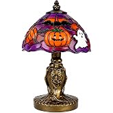 YOXGENIR Halloween Table Lamp, Hand-Painted Skeleton Pumpkin Resin USB Desk Light, Orange and Purple Glow