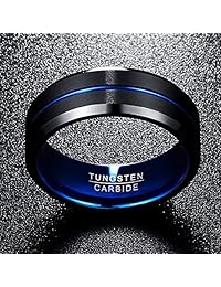 Nuncad Anillos de hombre de tungsteno de 8mm en azul y negro Alianzas con acabado mate y cantos biselados acanaladas tamaño 7 a 12