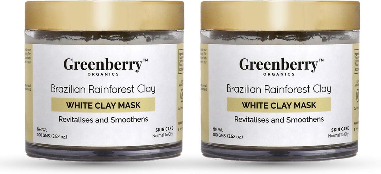 Greenberry Organics Brazilian Rainforest Clay White Clay Mask Revitalises and Smoothens, Unisex for normal to dry skin types – pack of 2 (100gms x 2 jars)