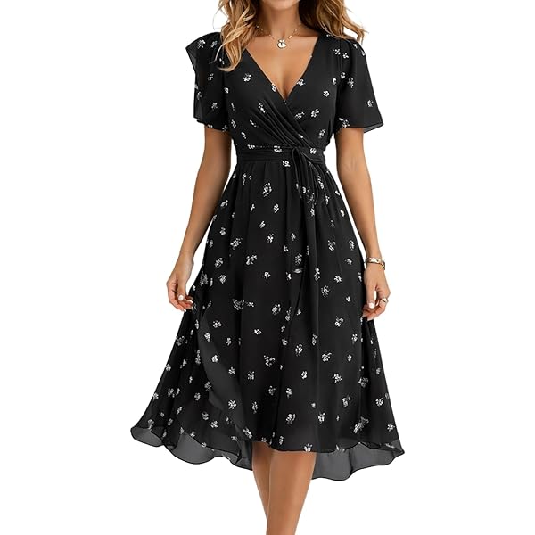 white christmas dresses Floral Print Wrap Chiffon Midi Dress - Black Floral main image 1