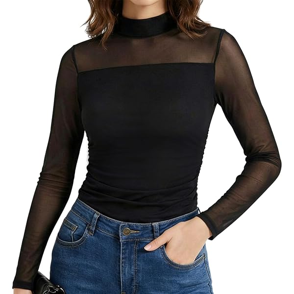 Women's Fashion High Neck Hollow See Through Sheer Mesh Long
