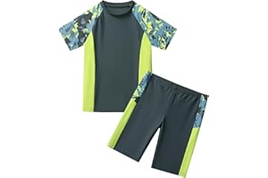 KID1234 Boys Swimsuits UPF50+UV Swimwear Set Two Piece Rash Guard with Hat for Kids 4-14 Years