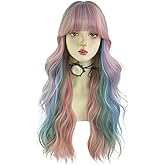 WKLOUYHE Rainbow Long Wavy Wigs with Bangs for Women Loose Wavy Wig Curly Wavy Synthetic Cosplay Wig for Women Colorful Costume Wigs