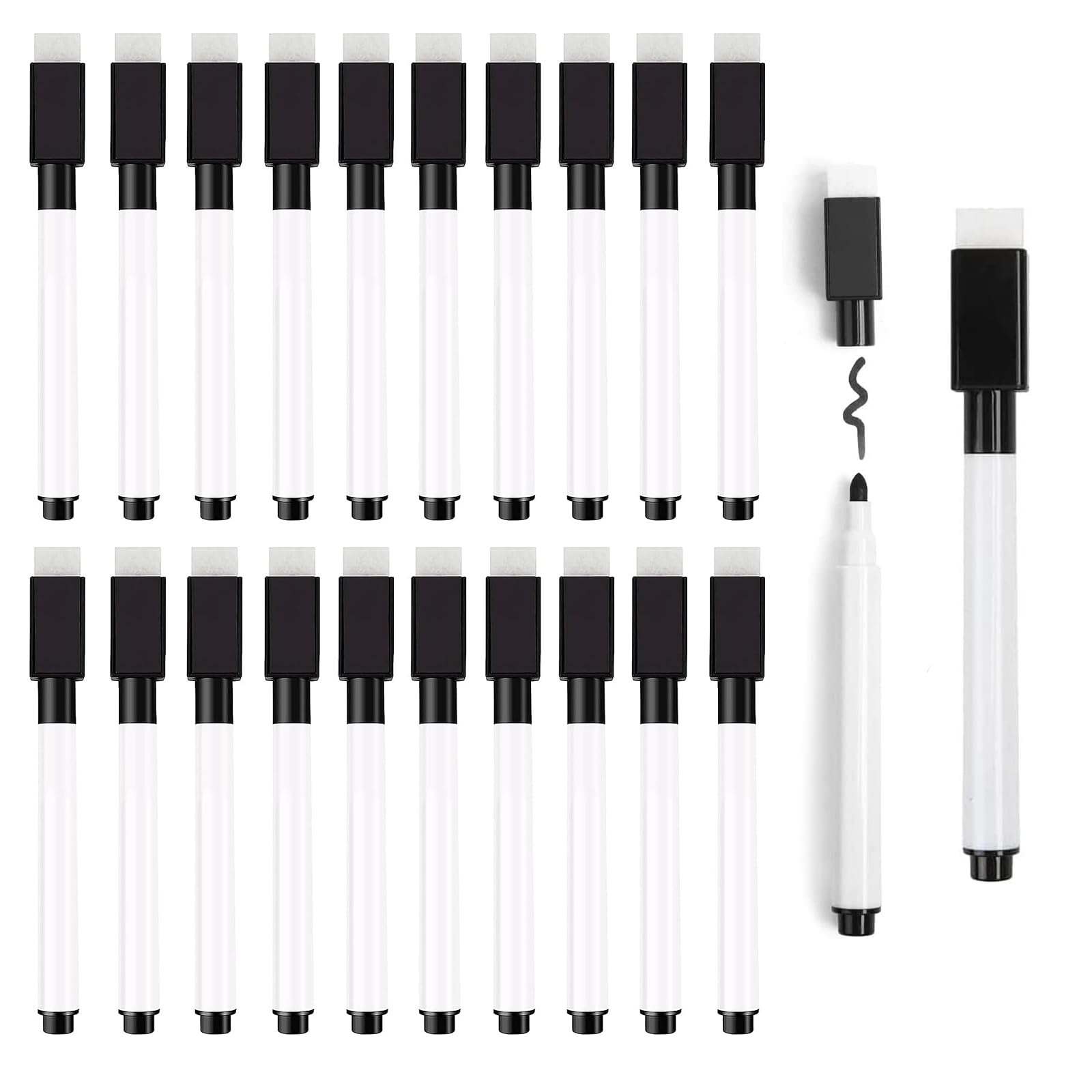 JETOP Whiteboard Pens with Eraser - 20PCS Magnetic, Fine Tip, Dry Wipe Pens for Whiteboard - Black, Kids - 11.3 x 1 cm