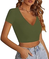 LYANER Women's Crop Tops V Neck Short Sleeve Summer