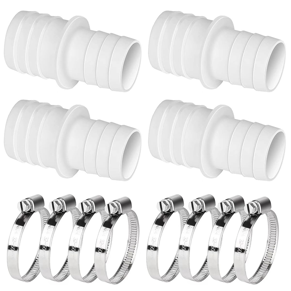WANGCL Hose Connector for Pool Hose 32-38mm Double Hose Nozzle Adapter, 4 Connectors with 8 Clamps, White