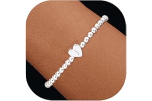 THAIVOR Beaded Bracelets for Women Dainty Heart Initial Bracelet Letter A-Z Charm Bracelet for Women Stretch Bead Ball Bracelet Trendy Jewelry Gifts