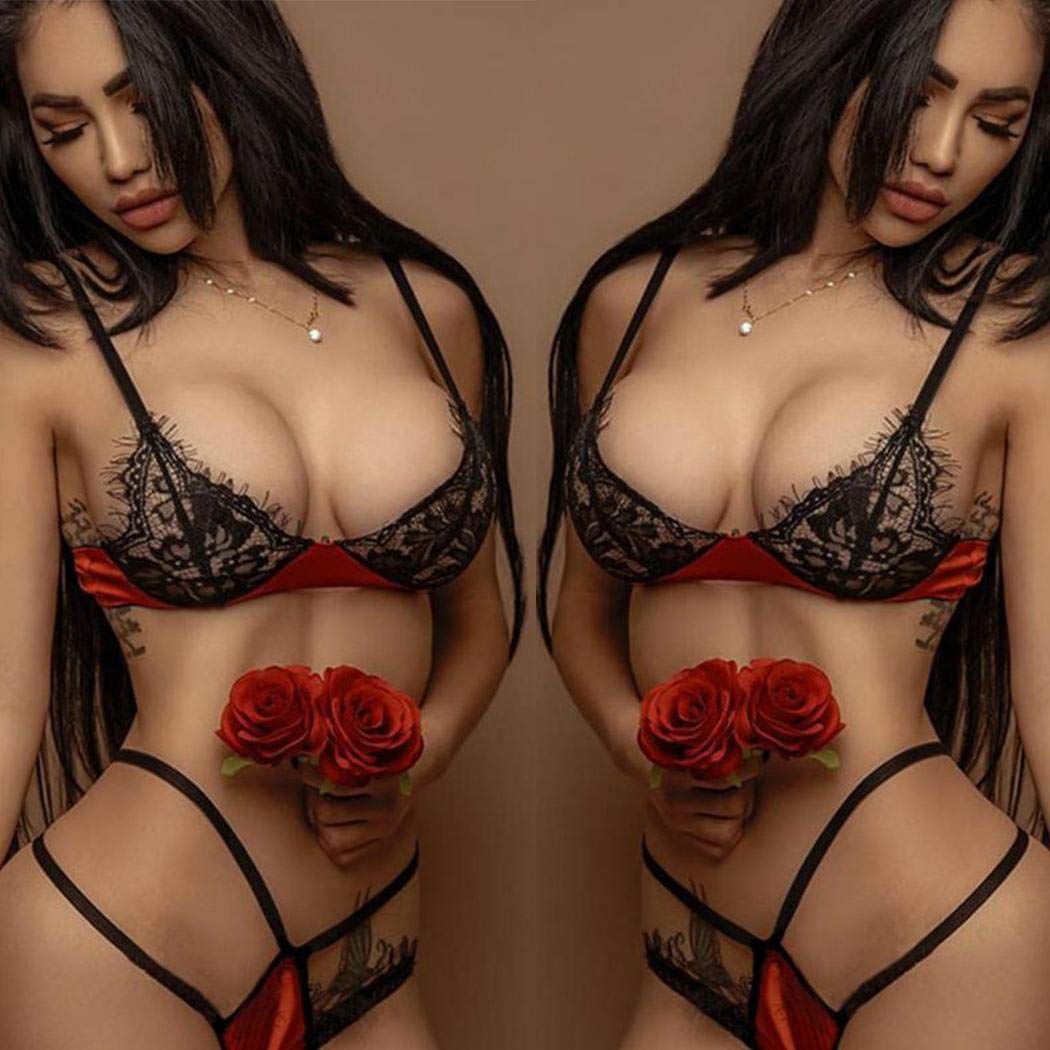 fercisi Women Lace Patchwork Lingerie Set Sexy V Neck Adjustable Spaghetti Strap Bra Brief Set Wine Red