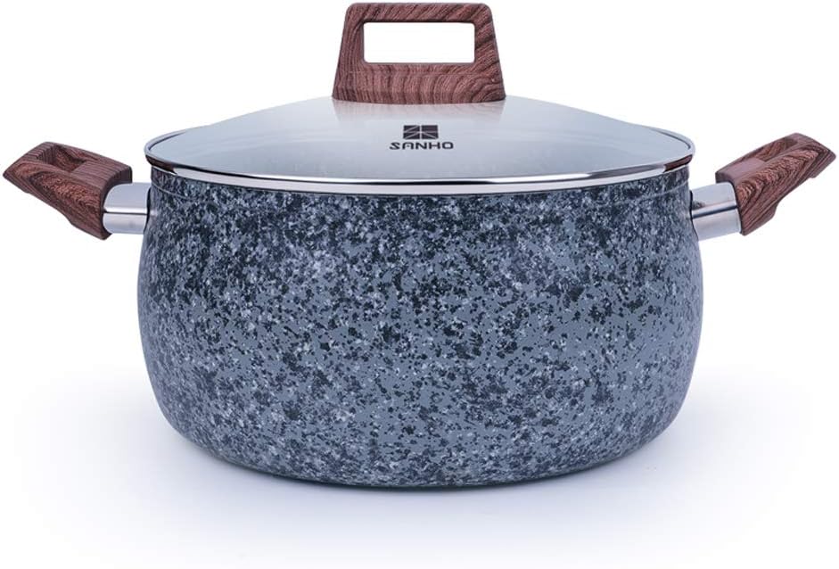 Pot Non Stick Maifan Stone Soup with Glass Lids Kitchen Cookware,Saucepan Frying Pan - Wooden anti-scalding handle, Grey Granite Finish,22cm(3.8L)