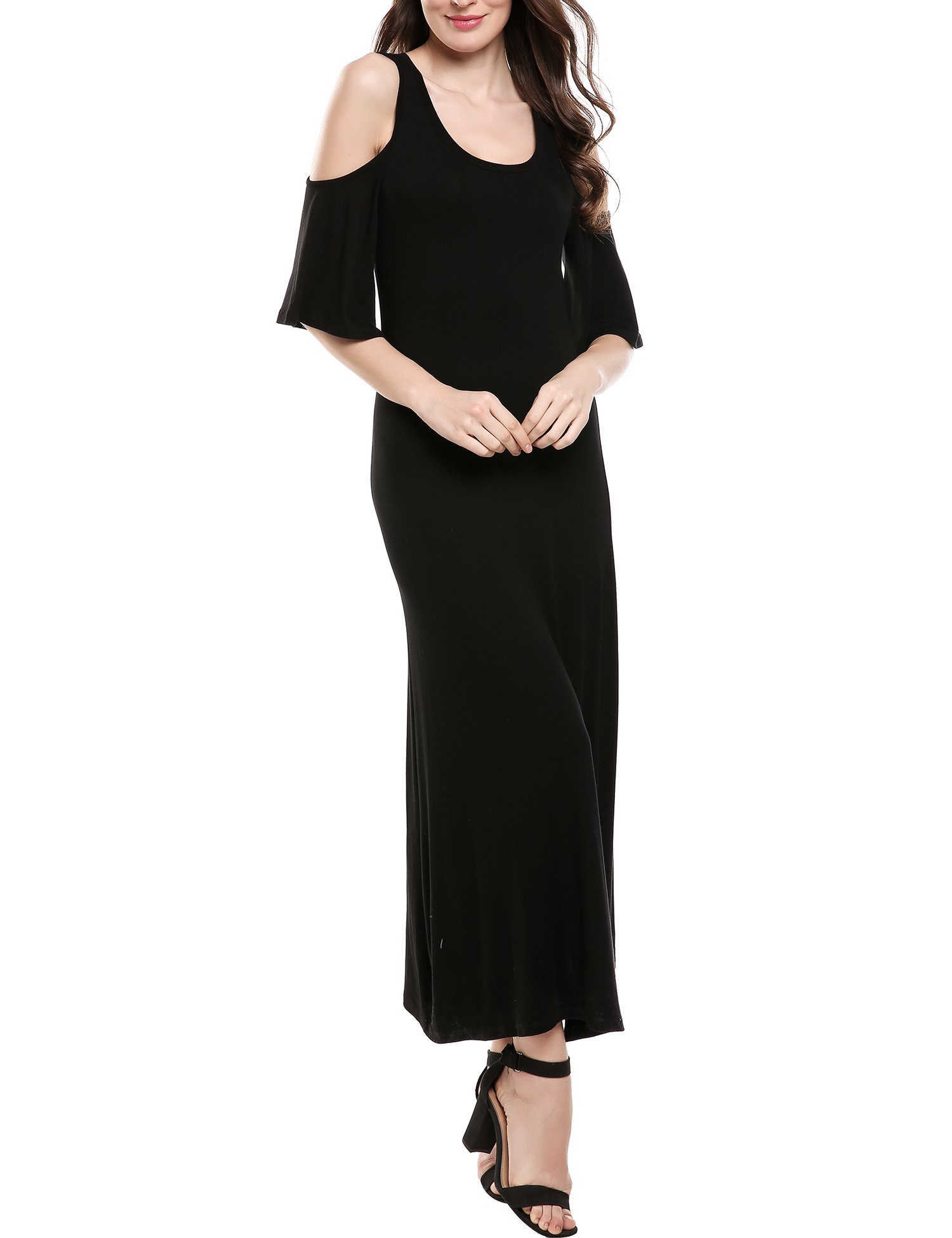 Elesol Women\'s Cold Shoulder Round Neck Ruffle Sleeve Maxi Dress Black S