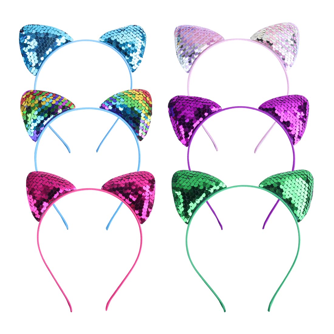 6 PCS Reversible Sequin Cat Ears Headband Hair Bands Hoops Cosplay Props Hair Accessories for Women Girls Children Multicolor