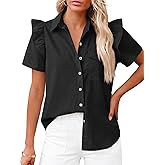Cicy Bell Womens Ruffle Button Down Shirts Dressy Casual Short Puff Sleeve Cotton Tops Summer Loose Fit V Neck Blouses
