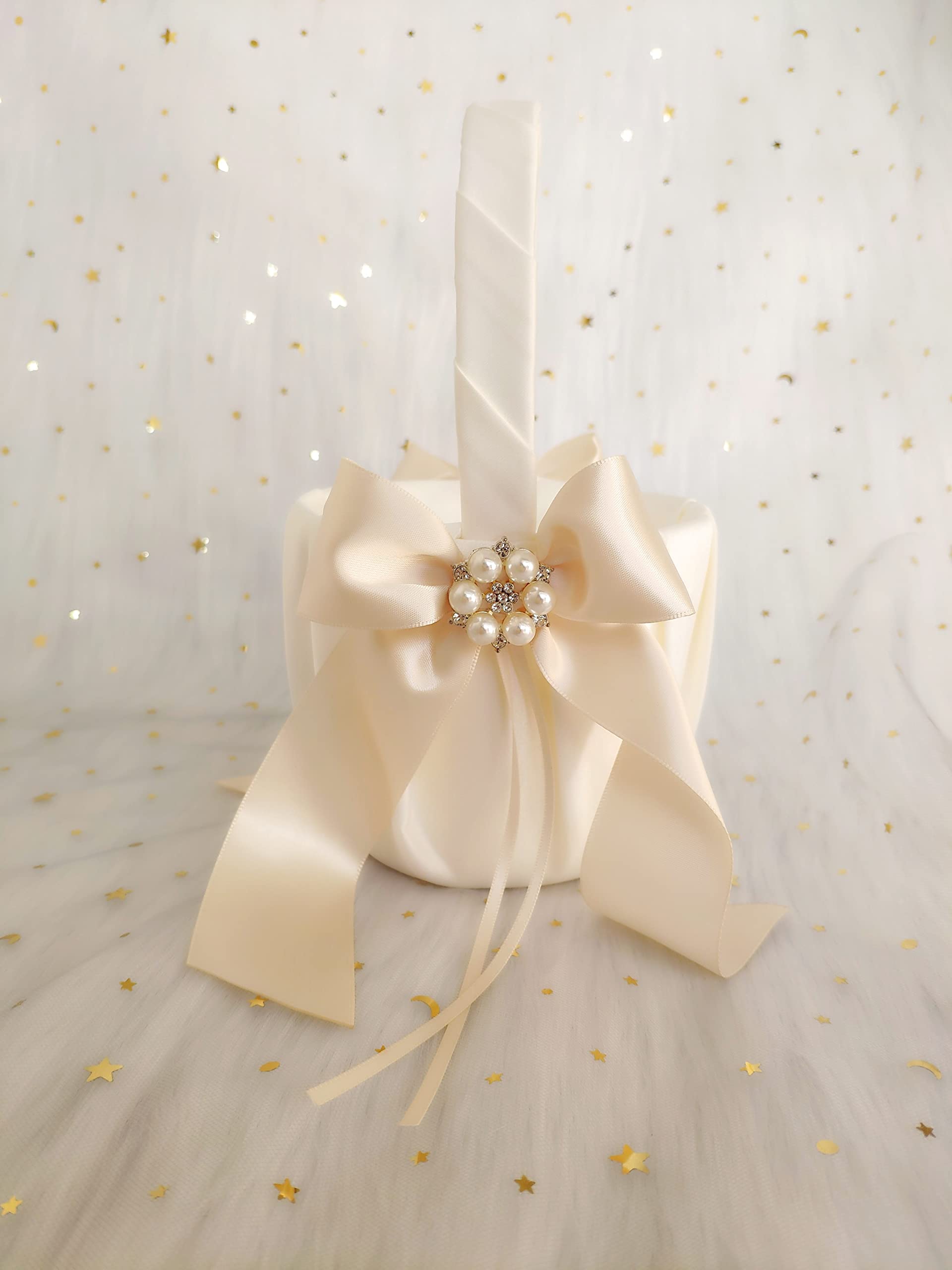 Photo 1 of Uwedding Flower Girl Basket Lace Cover with Beige Ribbon Bow Rhinestone Brooch Décor for Wedding Ceremony Vow Renewal Baby Shower Party Favor-Basket