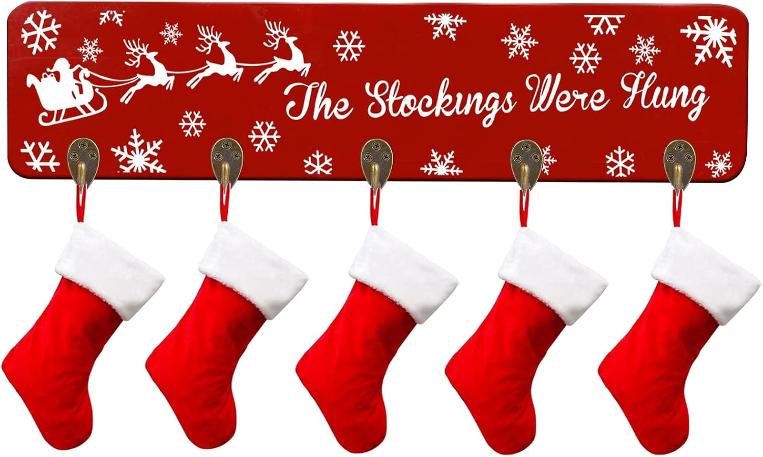 Ornament Hooks - Christmas Stocking Holder with 5 Hooks- The Stockings were Hung Wooden Sign Stocking Hooks Set for Wall Mounted Stocking Holder Decorative Mantel Wood Stocking Hanger for Mantle (with 5 Hooks)