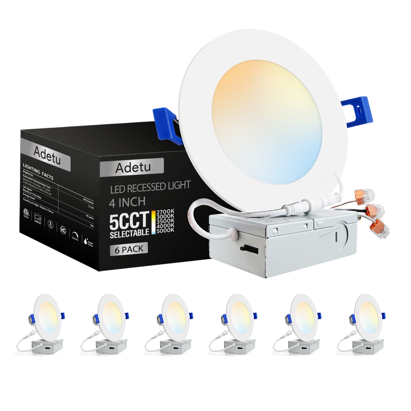 Photo 1 of Adetu 6 Pack 4 Inch 5CCT Ultra-Thin LED Recessed Ceiling Light with Junction Box,Dimmable Canless Wafer Downlight,2700K-5000K Selectable,9W Eqv 80W,810LM High Brightness,ETL Certified