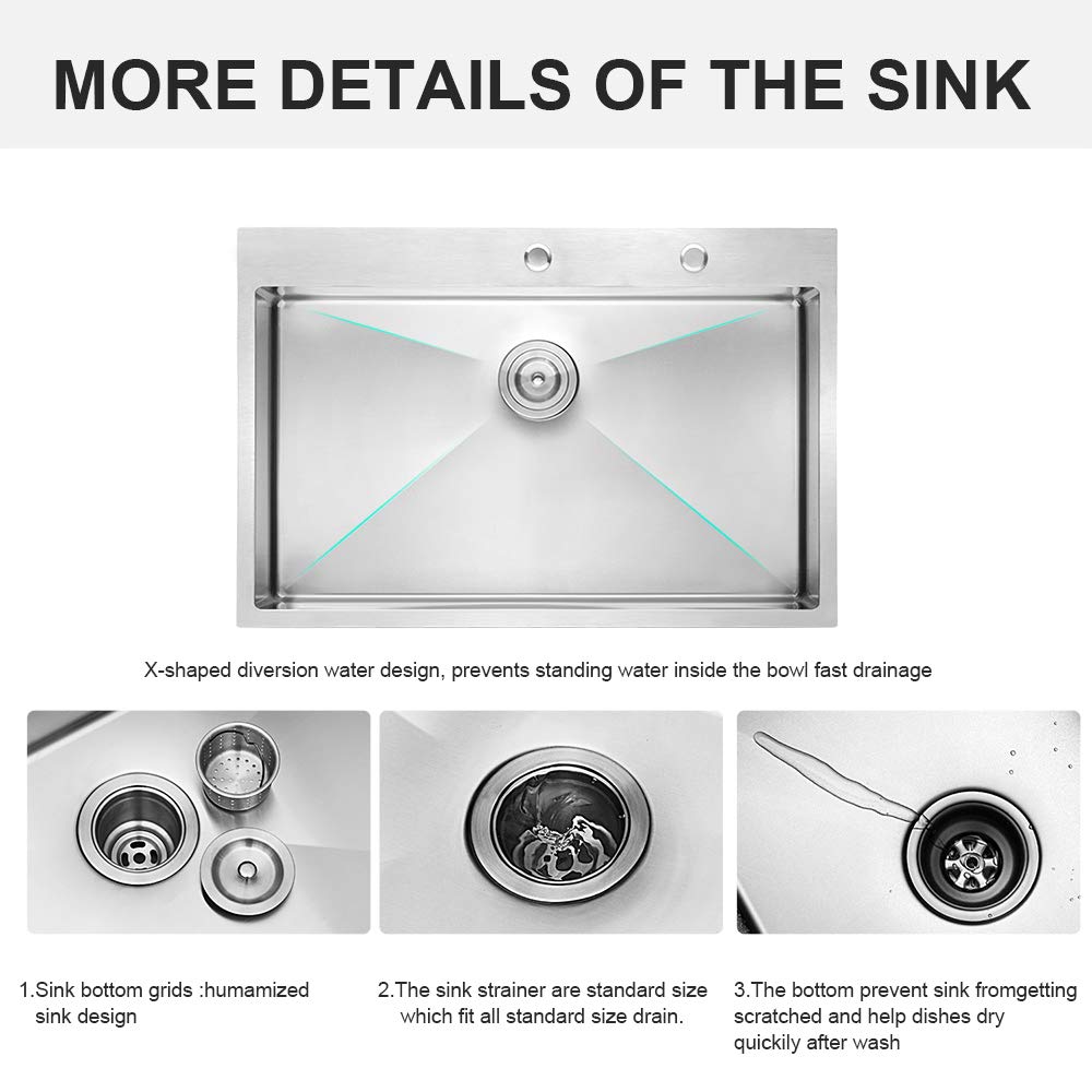 Lordear LT3322R1 33 x 22x 10 Inch Drop-in Topmount 16 Gauge R10 Tight Radius Stainless Steel Kitchen Sink Single Bowl