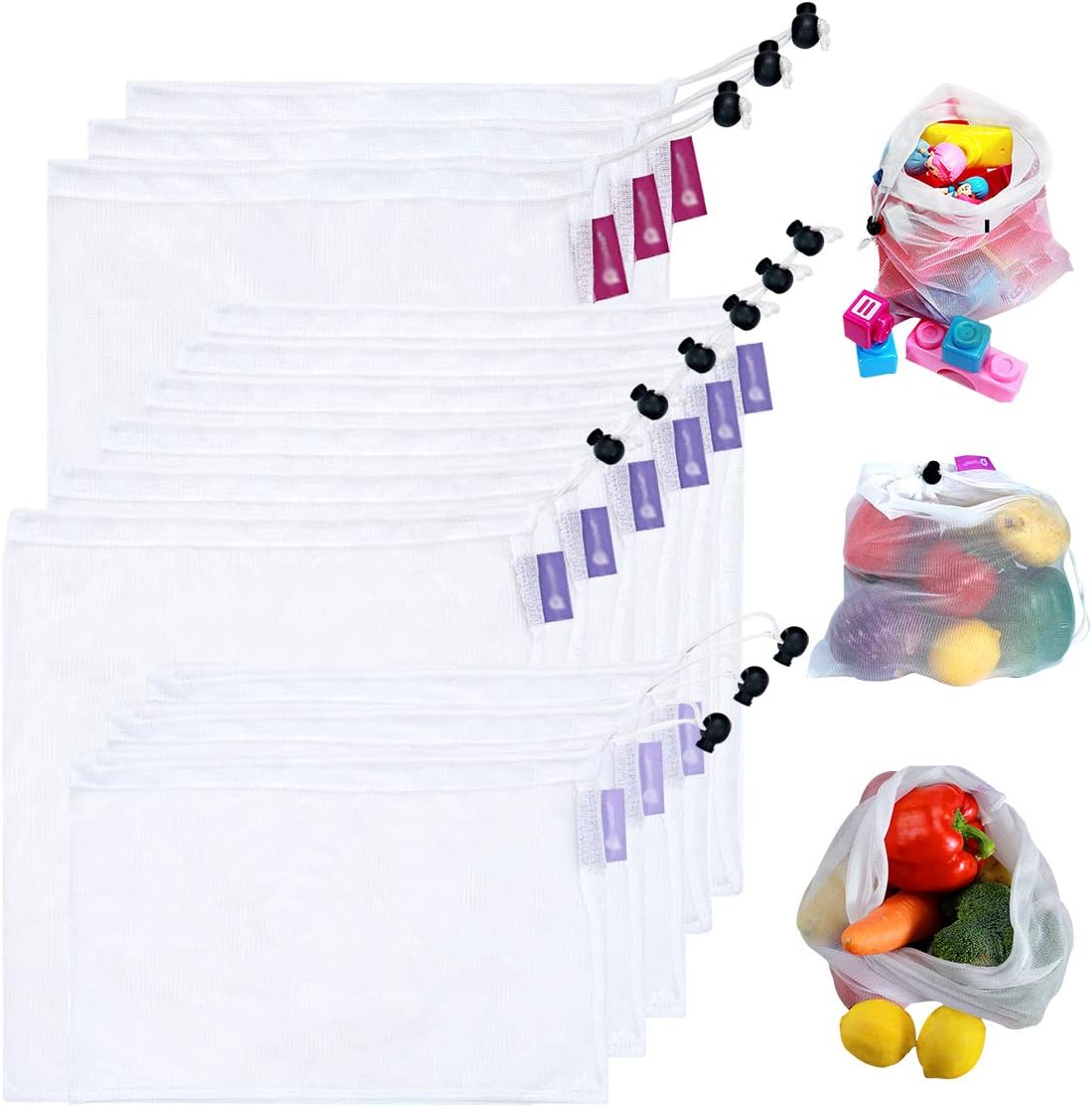 Reusable Mesh Produce Bags (Set of 12) Lightweight See-Through Zero Waste Vegetable and Fruit Bags - Premium Washable Materials - with Drawstring and Tare Weight. (Polyester, 3Larges,6Mediums,3Smalls)